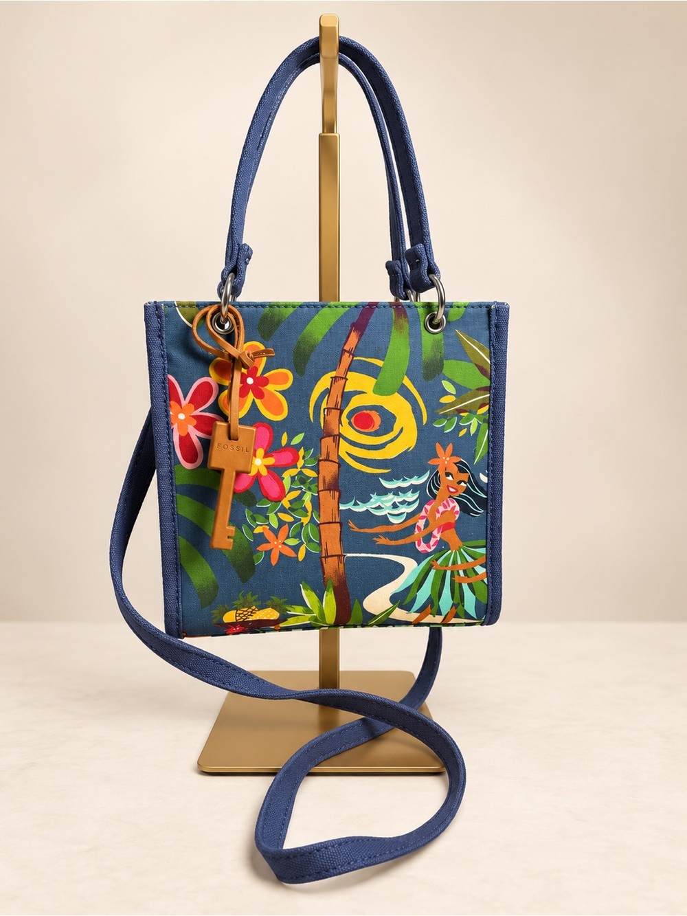 Fossil Forever Navy Blue Tropical Floral Mini Crossbody Tote